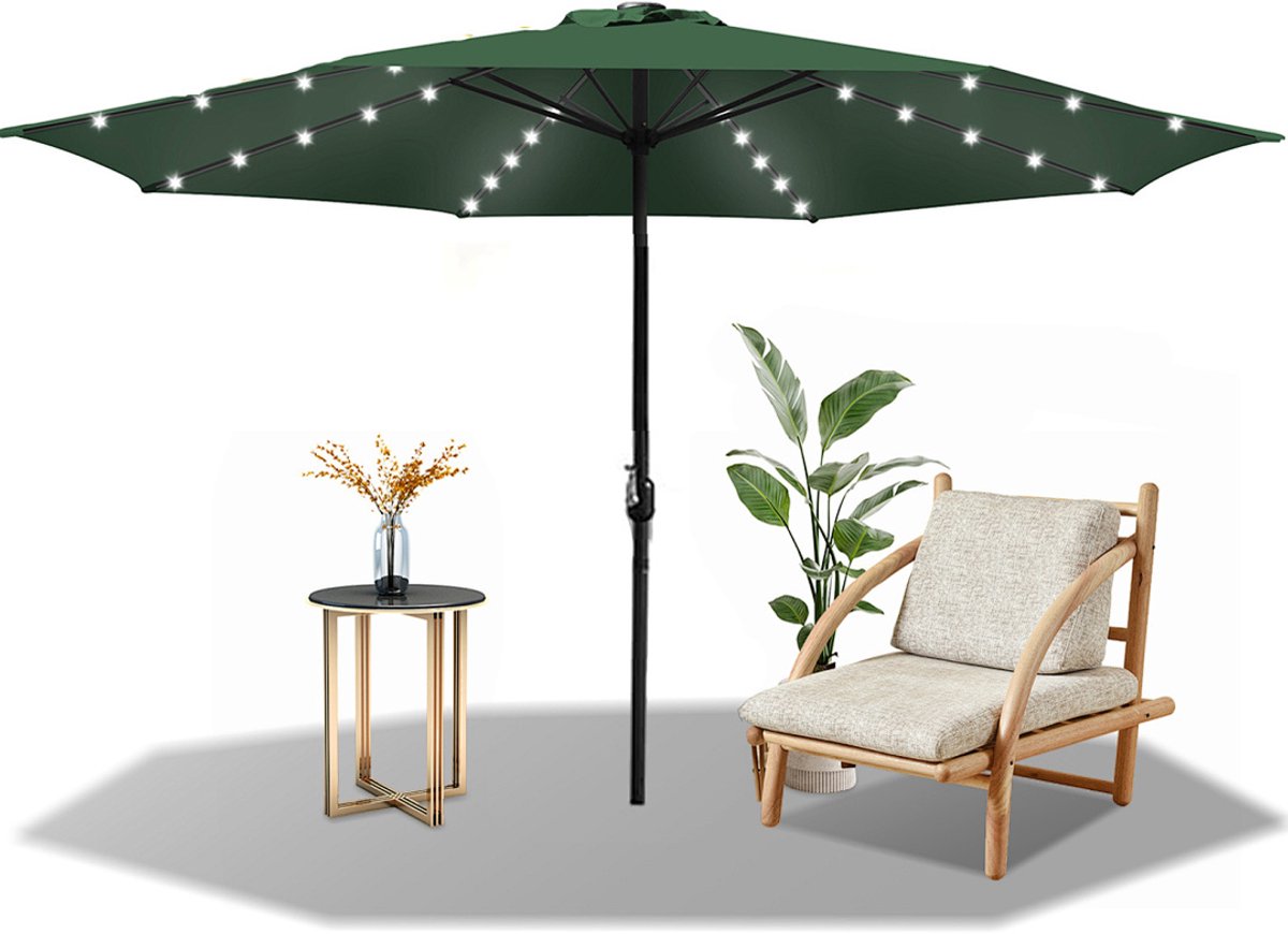 Parasol - Tuin - 350CM - Stokparasol - met LED - UV50+ - Waterdicht - Balkonparasol - Zweefparasol - Groen (9350838095947)