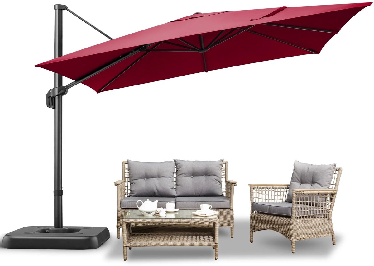 Parasol - Zweefparasol - Vrijdragende Parasol - Grote Parasol - Tuinparasol - Draaibare Parasol - 3X3 Meter - UV-Bestendig - Waterafstotend - Wijnrood (8721391006328)