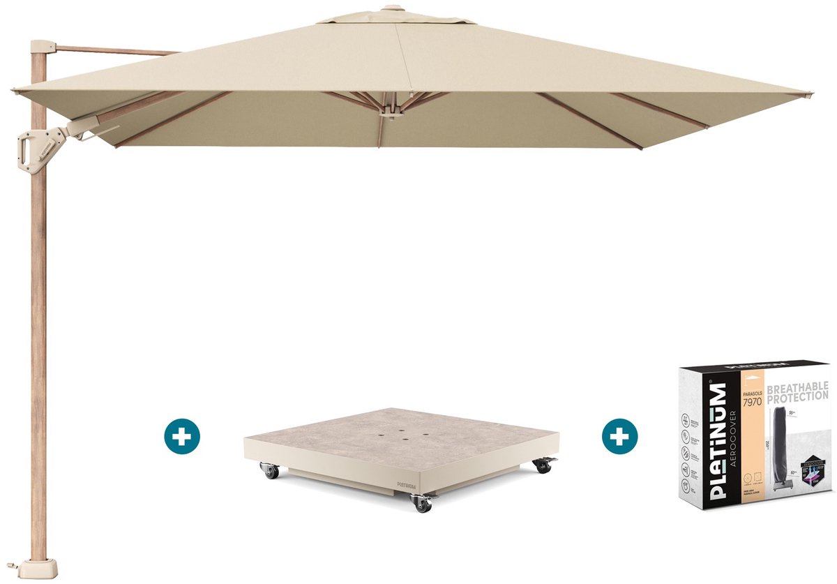 Platinum Challenger zweefparasol Premium T2 champagne teak met vulbare parasolvoet en hoes (6097334416458)