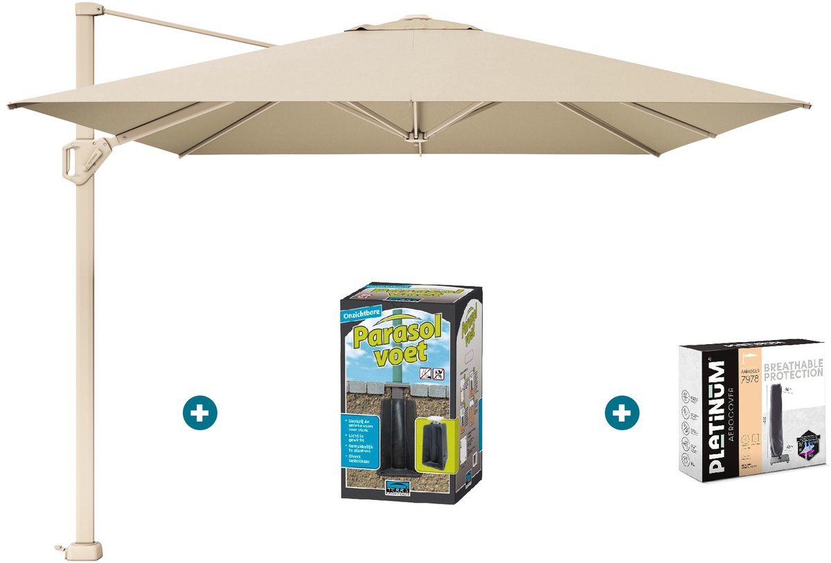 Platinum Challenger zweefparasol T1 Premium 4x3 m. - Champagne Sandstone - met ingraafvoet en hoes (6097331710702)