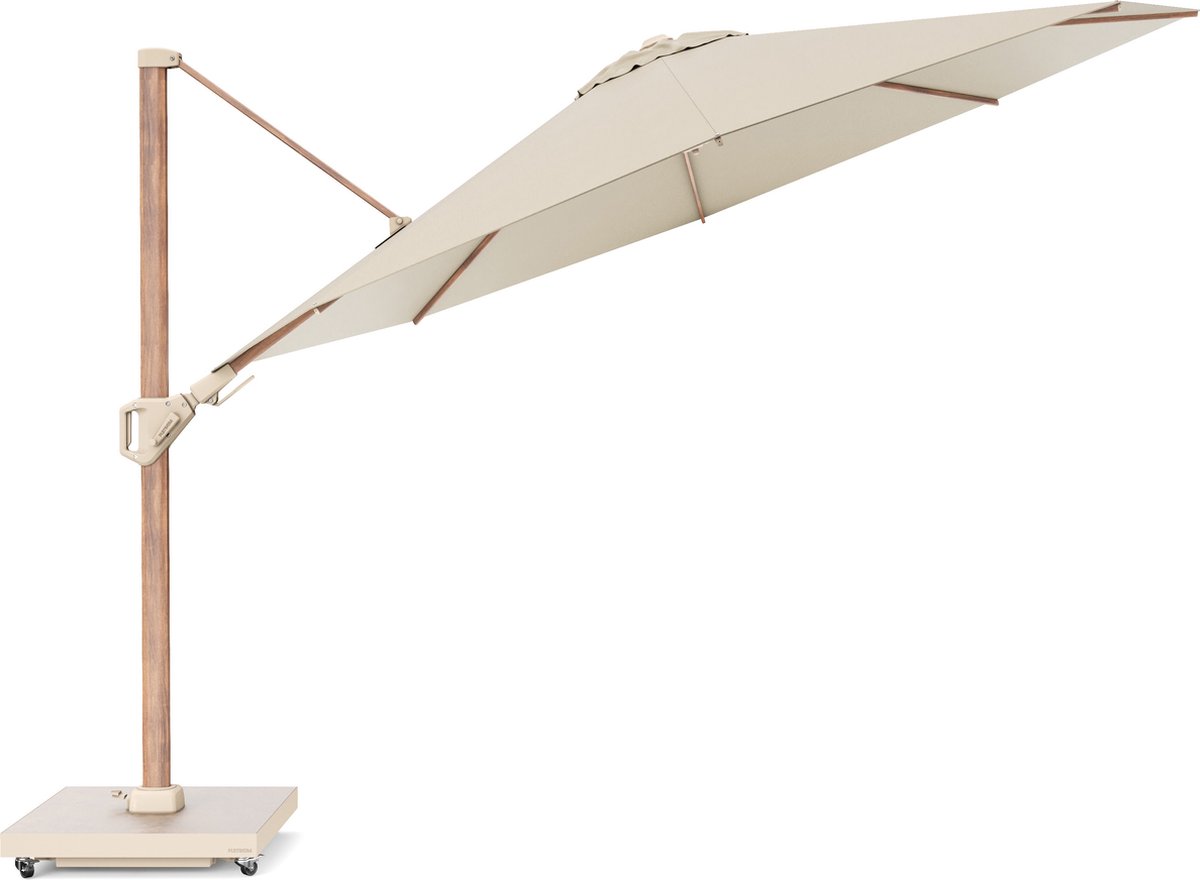 Platinum Sun & Shade - Zweefparasol - Challenger T² Premium - Ø350cm - Teak Look - Champagne - Dubbel Kantelbaar - 360° Draaibaar - 98% UV protectie (8721077130507)