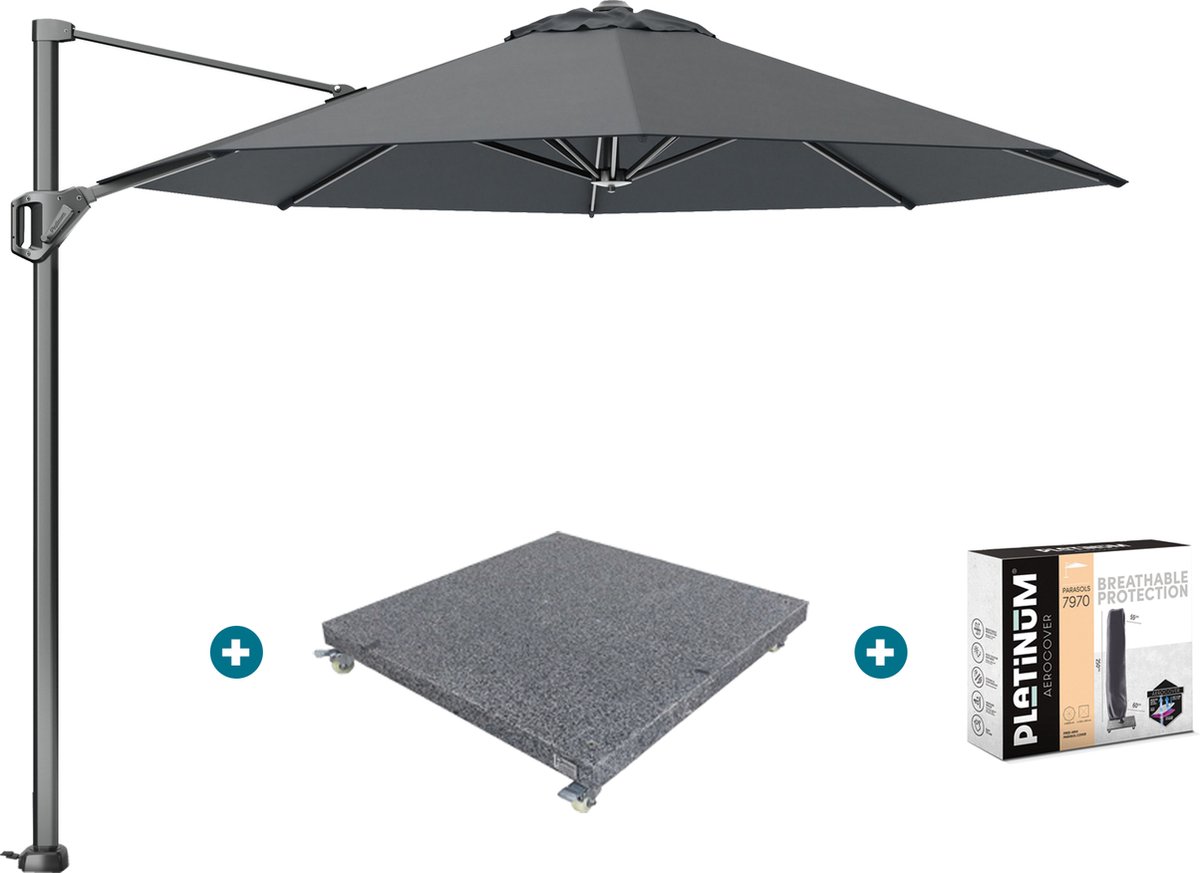 Platinum Voyager ronde zweefparasol T1 3 m. - Antraciet met voet en hoes (7435107943975)