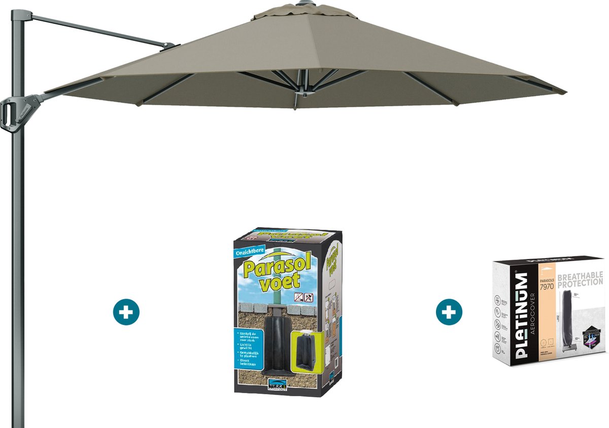 Platinum Voyager ronde zweefparasol T1 3 m. - Taupe met ingraafvoet en hoes (6097335848869)
