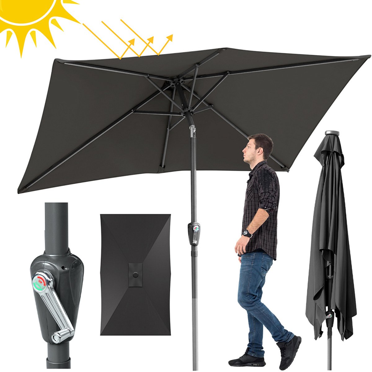 Stokparasol - 140x210 cm - Parasol - Tuin - UPF 50+ - 30° Kantelbaar - Waterdicht - Balkonparasol - Zweefparasol - Grijs (9350838096388)