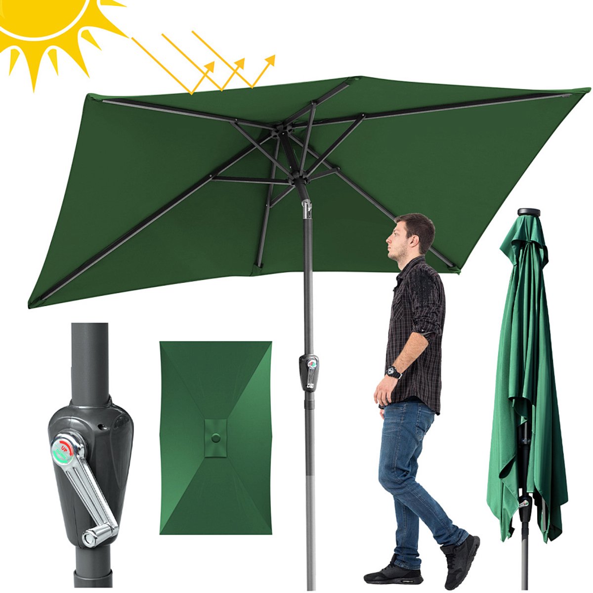 Stokparasol - 140x210 cm - Parasol - Tuin - UPF 50+ - 30° Kantelbaar - Waterdicht - Balkonparasol - Zweefparasol - Groen (9350838096395)