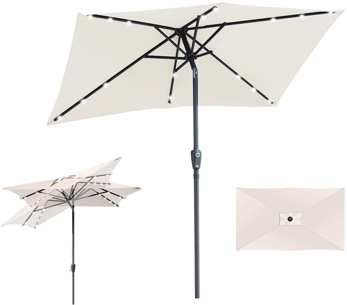 Stokparasol - 140x210 cm - Parasol - Tuin - met LED - UPF 50+ - 30° Kantelbaar - Waterdicht - Balkonparasol - Zweefparasol - Beige (9350838096517)
