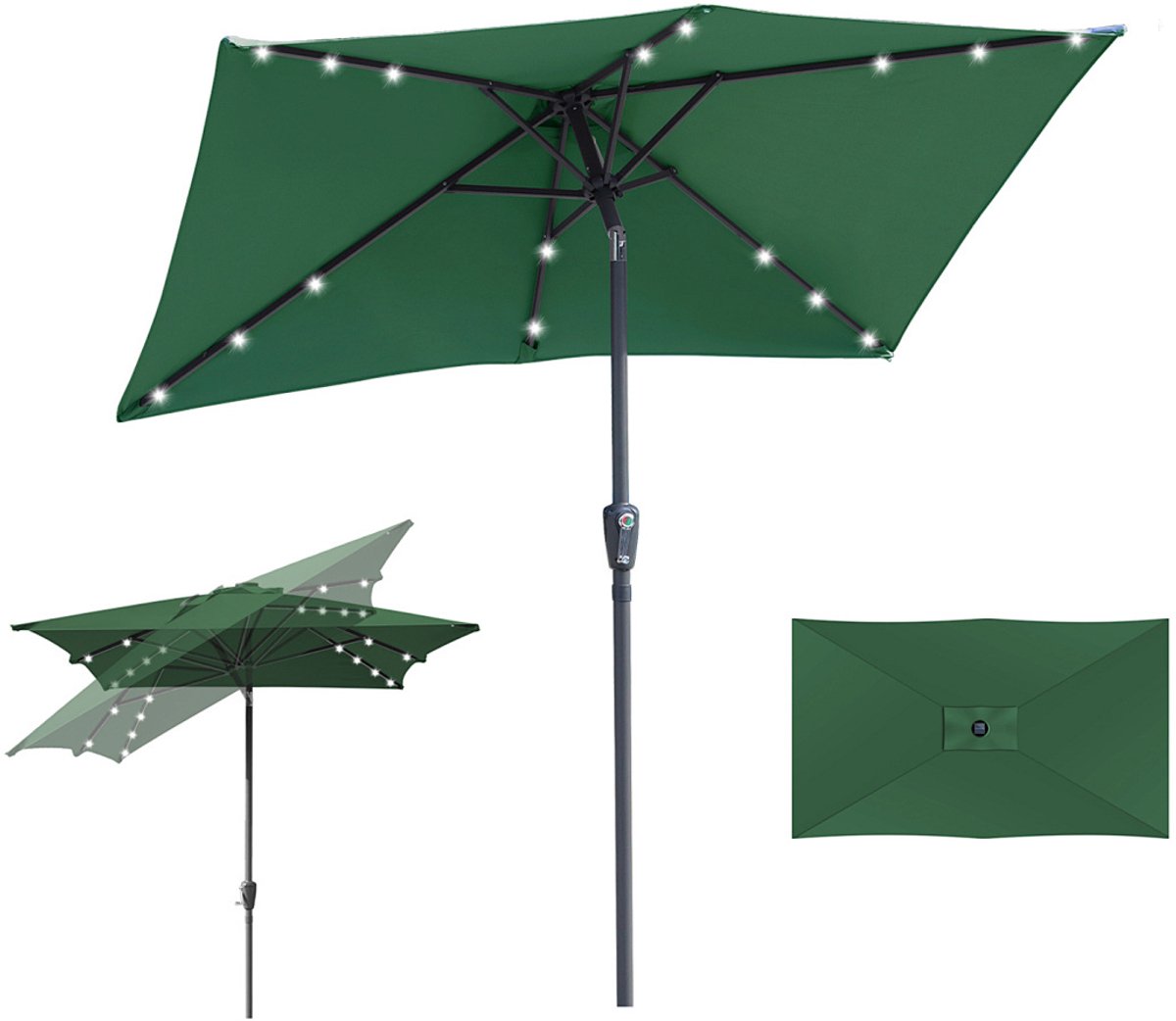Stokparasol - 140x210 cm - Parasol - Tuin - met LED - UPF 50+ - 30° Kantelbaar - Waterdicht - Balkonparasol - Zweefparasol - Groen (9350838096494)