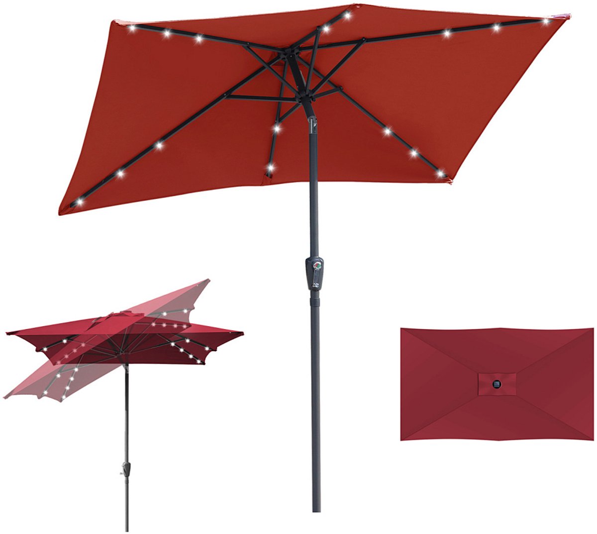 Stokparasol - 140x210 cm - Parasol - Tuin - met LED - UPF 50+ - 30° Kantelbaar - Waterdicht - Balkonparasol - Zweefparasol - Rood (9350838096500)