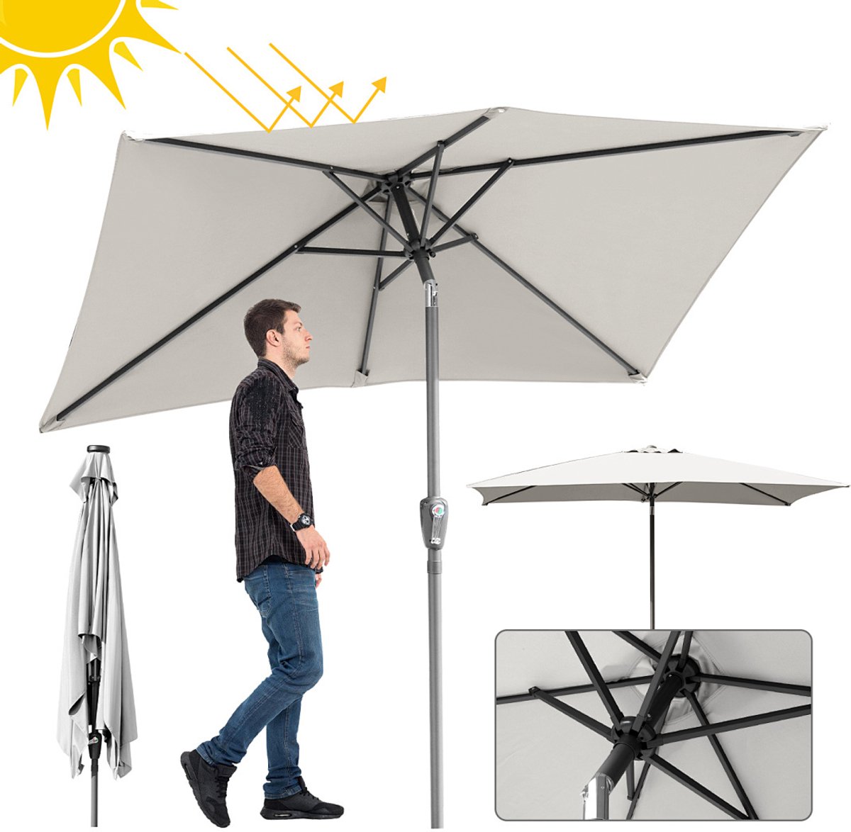 Stokparasol - 200x300 cm - Parasol - Tuin - UPF 50+ - 30° Kantelbaar - Waterdicht - Balkonparasol - Zweefparasol - Beige (9350838096463)