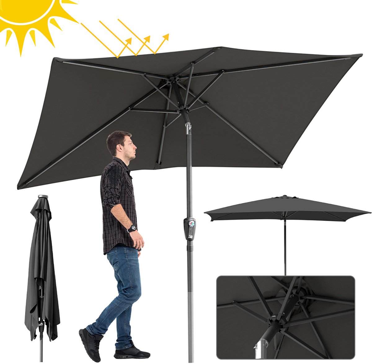 Stokparasol - 200x300 cm - Parasol - Tuin - UPF 50+ - 30° Kantelbaar - Waterdicht - Balkonparasol - Zweefparasol - Grijs (9350838096432)