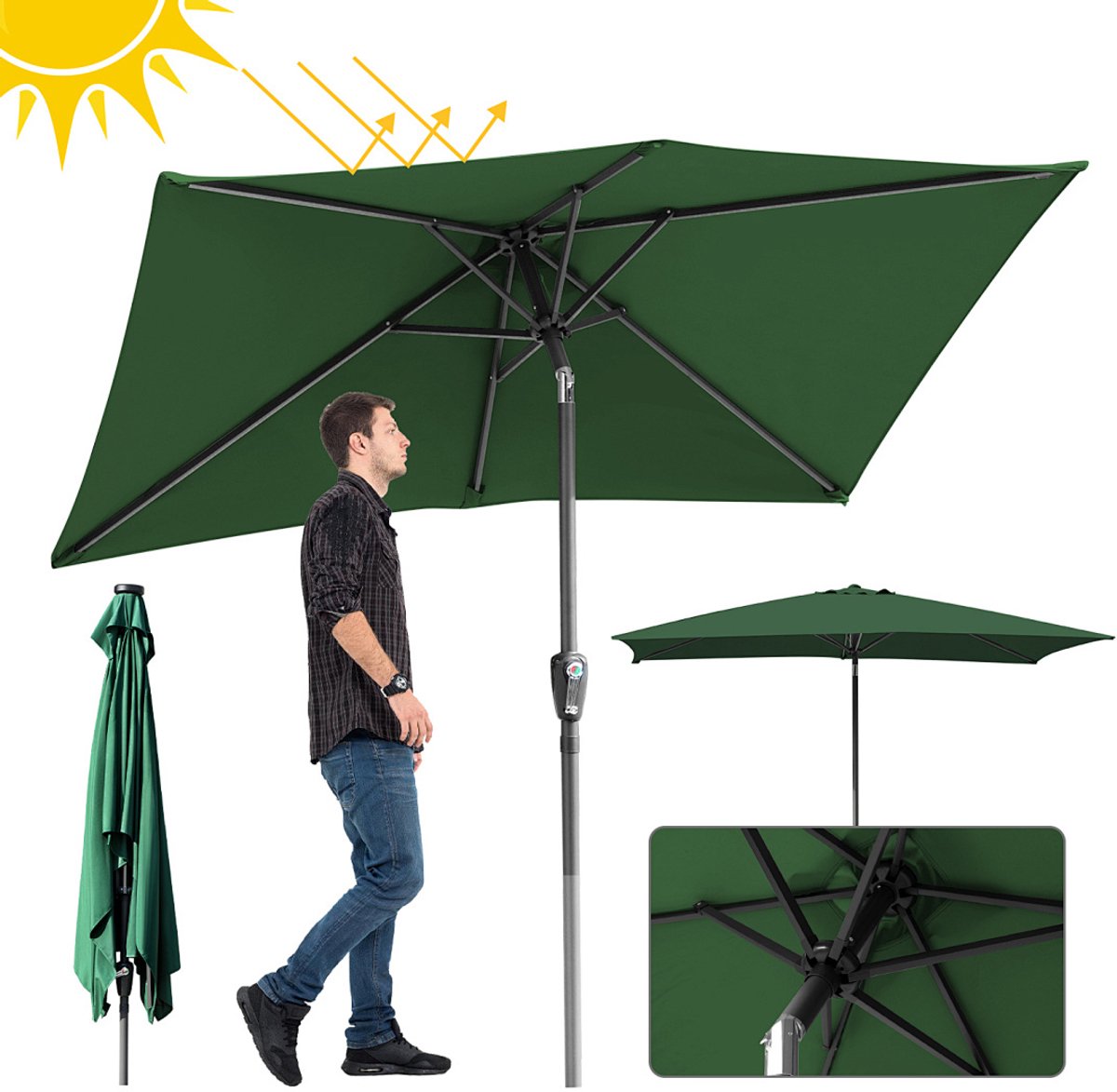 Stokparasol - 200x300 cm - Parasol - Tuin - UPF 50+ - 30° Kantelbaar - Waterdicht - Balkonparasol - Zweefparasol - Groen (9350838096449)