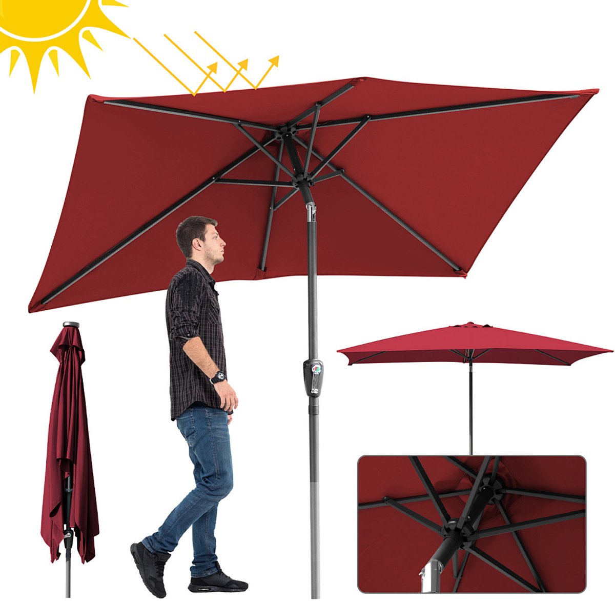 Stokparasol - 200x300 cm - Parasol - Tuin - UPF 50+ - 30° Kantelbaar - Waterdicht - Balkonparasol - Zweefparasol - Rood (9350838096456)
