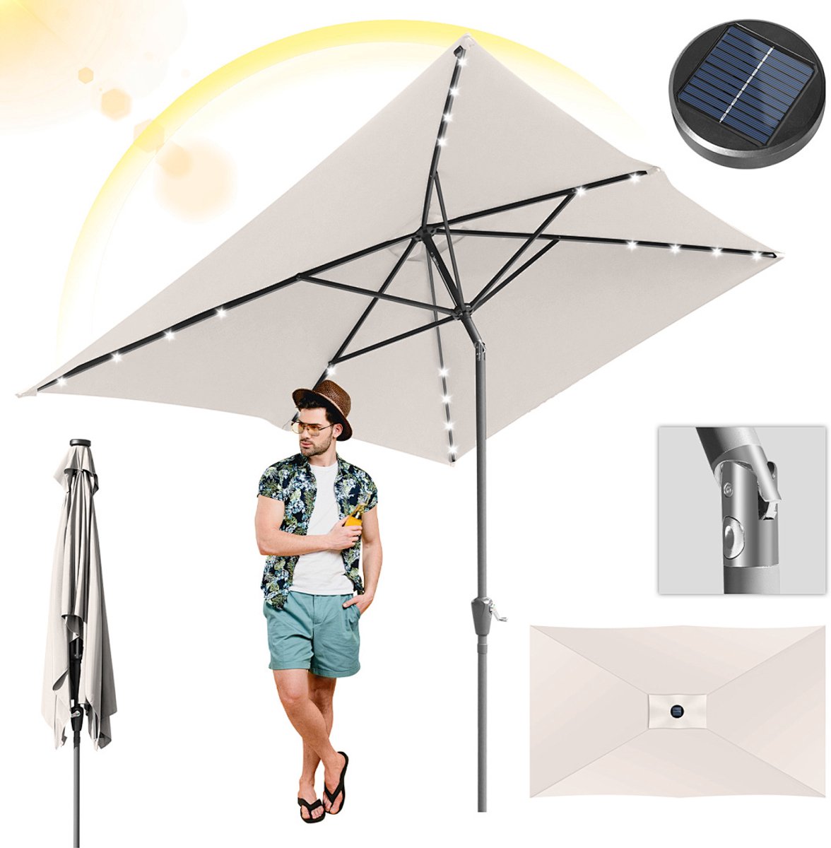 Stokparasol - 200x300 cm - Parasol - Tuin - met LED - UPF 50+ - 30° Kantelbaar - Waterdicht - Balkonparasol - Zweefparasol - Beige (9350838096562)