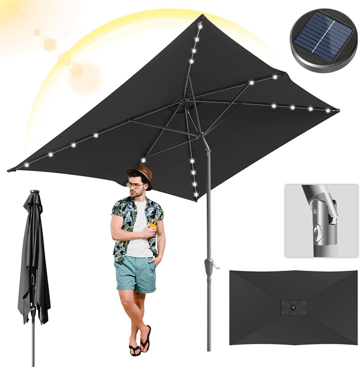 Stokparasol - 200x300 cm - Parasol - Tuin - met LED - UPF 50+ - 30° Kantelbaar - Waterdicht - Balkonparasol - Zweefparasol - Grijs (9350838096531)