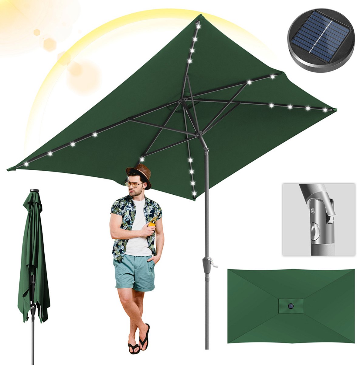 Stokparasol - 200x300 cm - Parasol - Tuin - met LED - UPF 50+ - 30° Kantelbaar - Waterdicht - Balkonparasol - Zweefparasol - Groen (9350838096548)