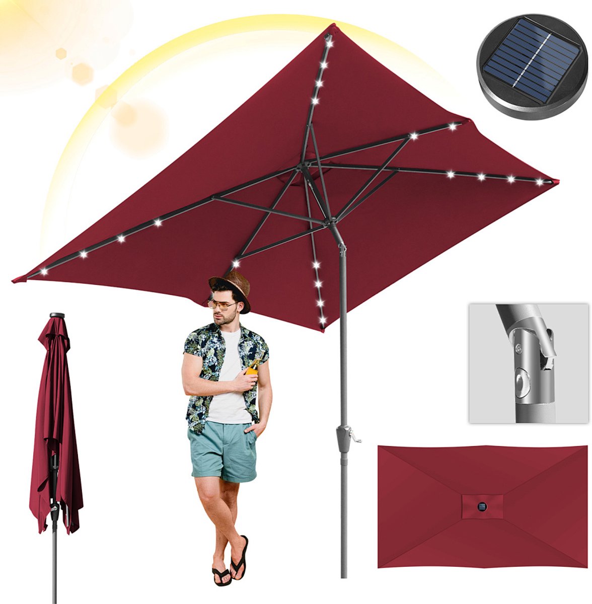 Stokparasol - 200x300 cm - Parasol - Tuin - met LED - UPF 50+ - 30° Kantelbaar - Waterdicht - Balkonparasol - Zweefparasol - Rood (9350838096555)