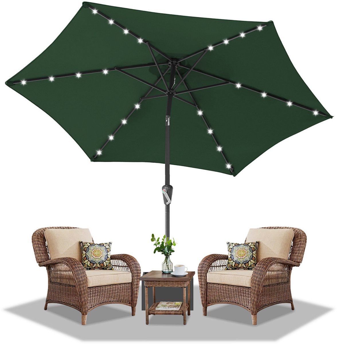 Stokparasol - 270CM - Parasol - Tuin - met LED - UV50+ - 30° Kantelbaar - Waterdicht - Balkonparasol - Zweefparasol - Groen (9350838096296)