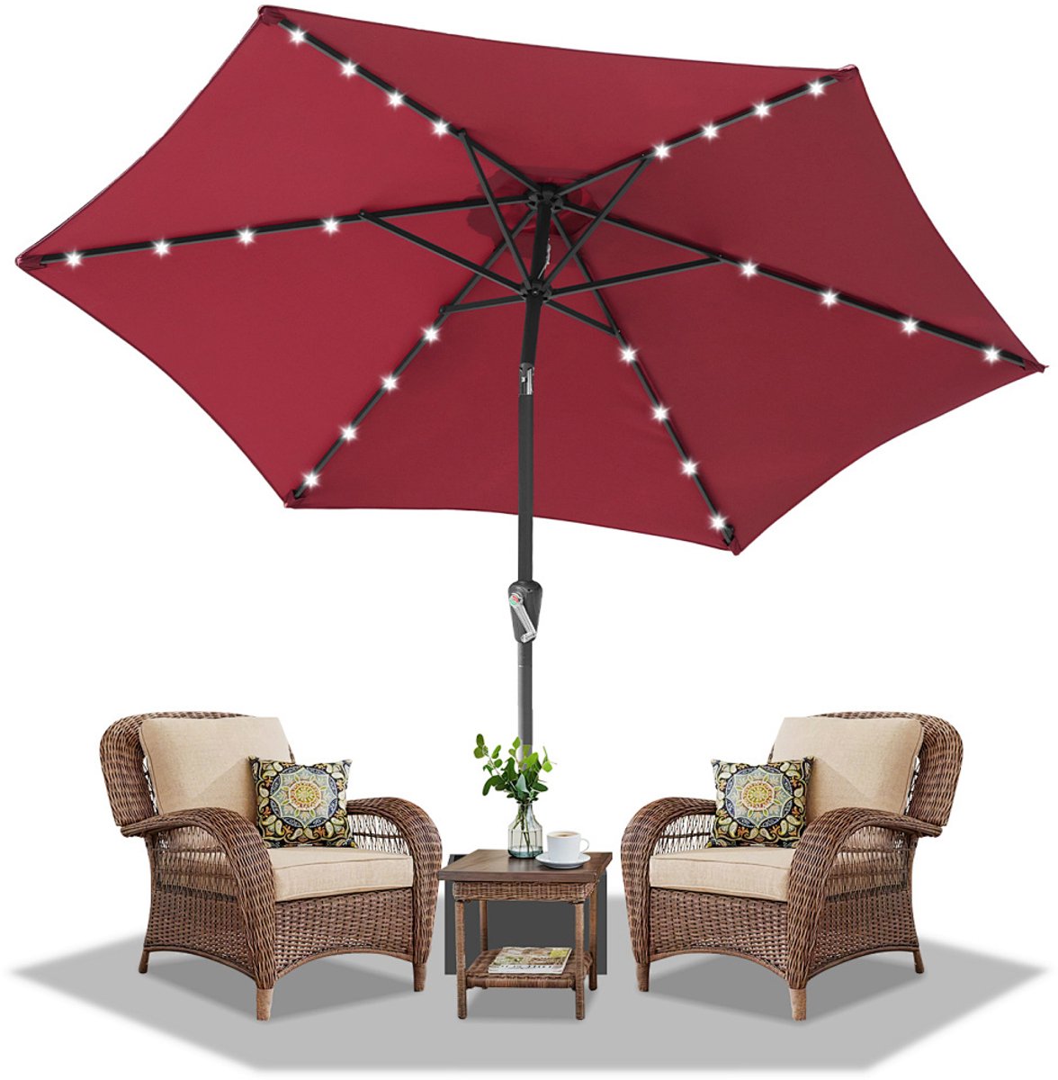 Stokparasol - 270CM - Parasol - Tuin - met LED - UV50+ - 30° Kantelbaar - Waterdicht - Balkonparasol - Zweefparasol - Rood (9350838096302)