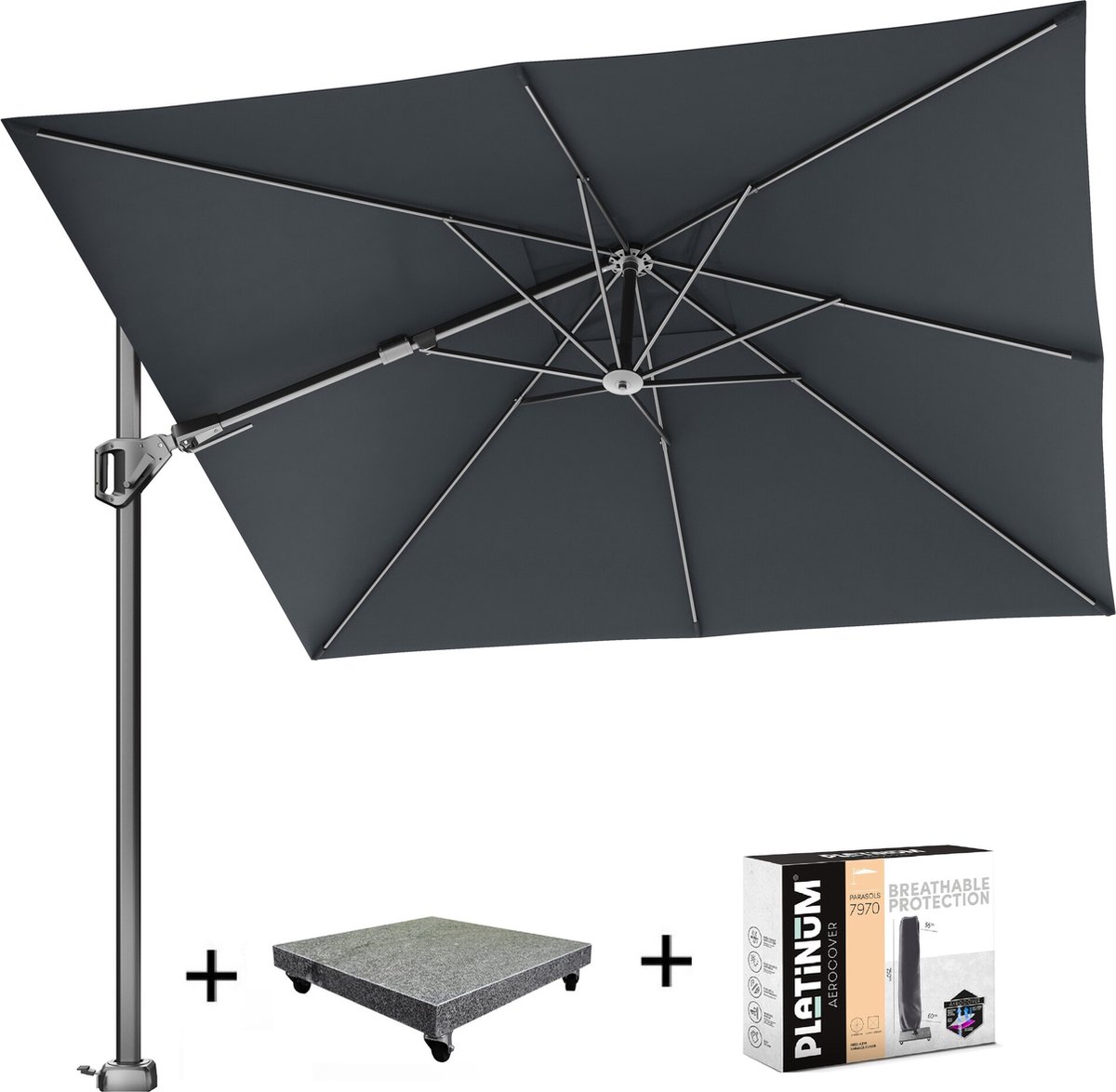 Voyager T2 zweefparasol 270x270 cm Faded black met 90KG voet en hoes (8720848329935)