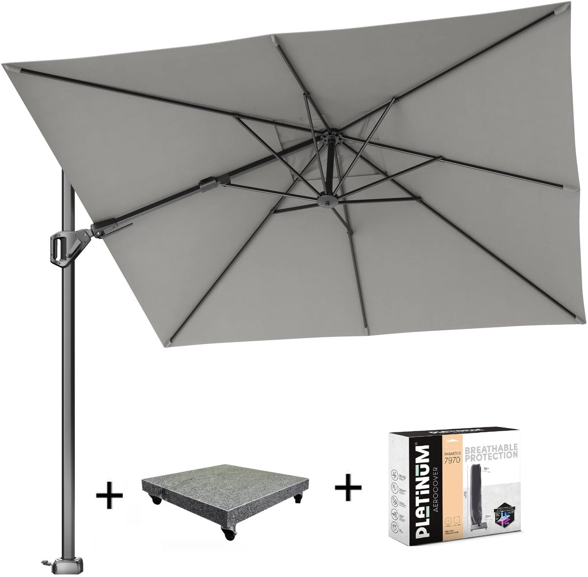 Voyager T2 zweefparasol 270x270 cm Manhattan met 90KG voet en hoes (8720848329928)