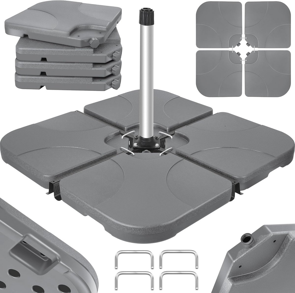 Zware Parasolvoet met 60L Vulling | 4-delige Parasolstandaard met Verbindingen voor Zweefparasol (6151811087071)