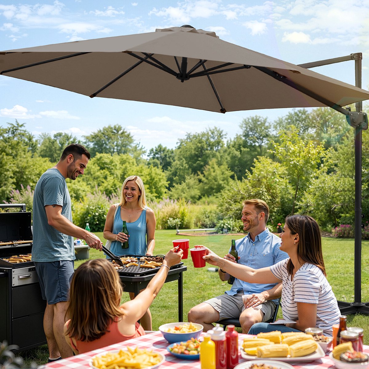 Zweefparasol 300 cm Grijs Taupe - Waterdicht - 360° Draai- en Kantelbaar - UV50+ - Stevige Aluminium Mast (9360170875893)