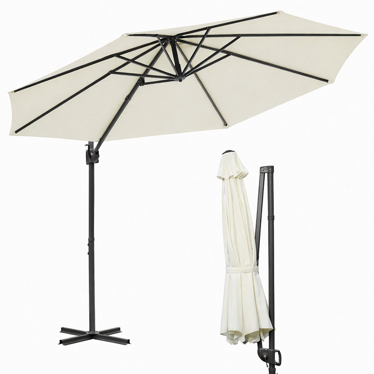 Zweefparasol - 300CM Beige - Incl. Kruisvoet - Waterdicht - UV 50+ Bescherming - 360° Draai- en Kantelbaar (9360170875633)
