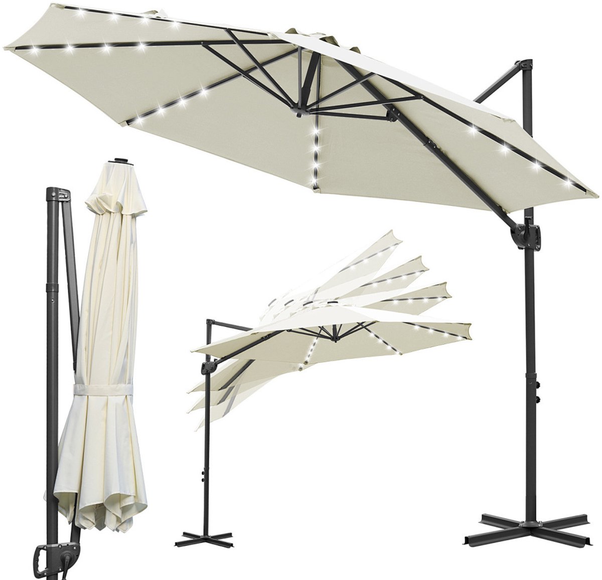 Zweefparasol 300CM Beige - LED Solar Verlichting - Verstelbare Hoogte - 360° Rotatie - Waterdicht - UV 50+ (9360170875718)