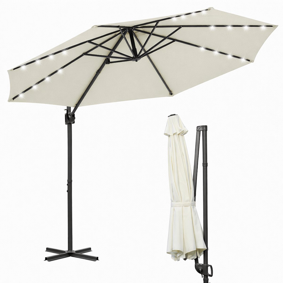 Zweefparasol - 300CM Beige met LED Solar - Incl. Kruisvoet - Waterdicht - Verstelbare Hoogte - 360° Draai- en Kantelbaar (9360170875664)