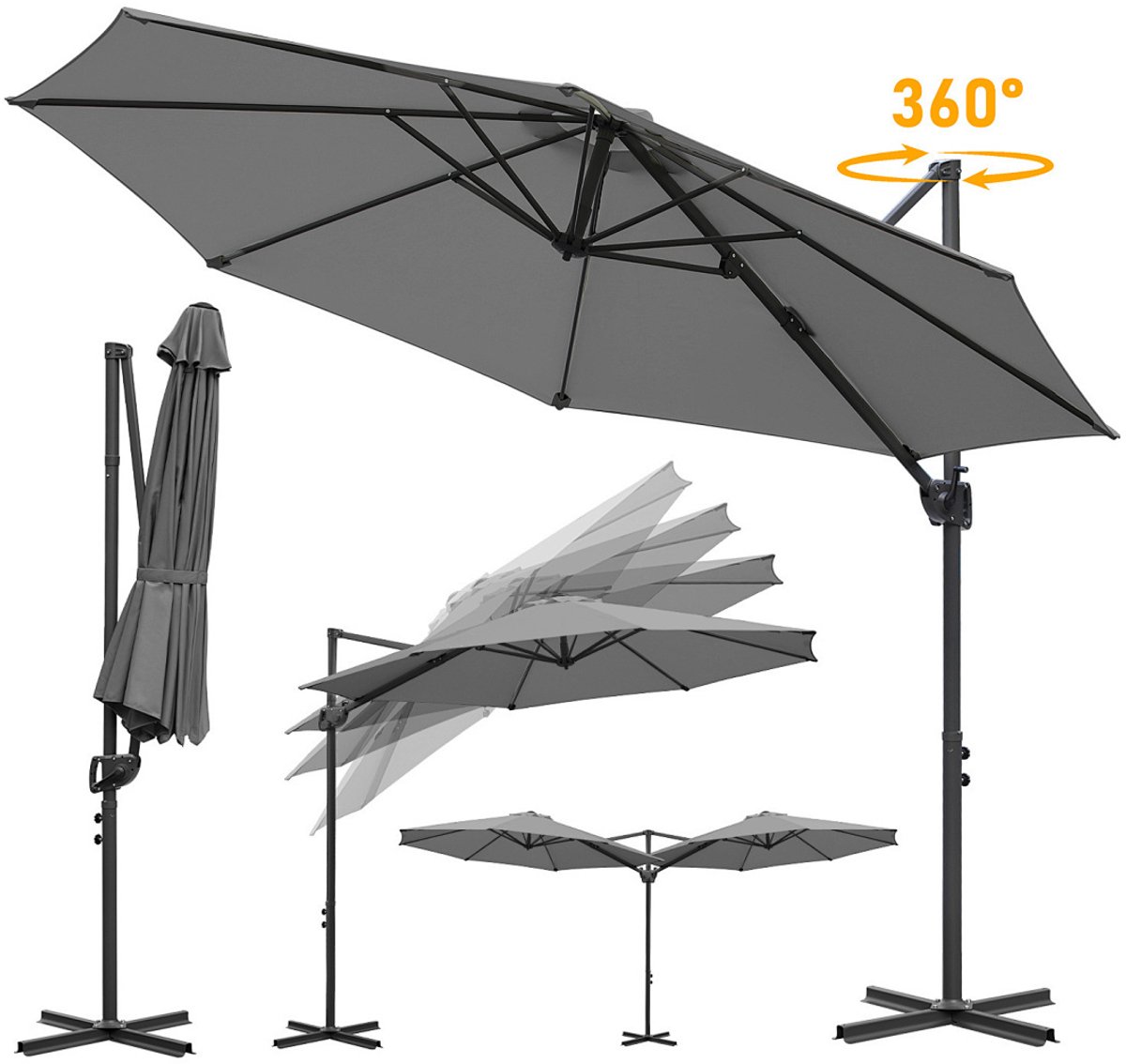 Zweefparasol - 300CM Grijs - Incl. Kruisvoet - Waterdicht - Verstelbare Hoogte - UV 50+ Bescherming - 360° Rotatie - 0-60° Kantelbaar (9360170875626)