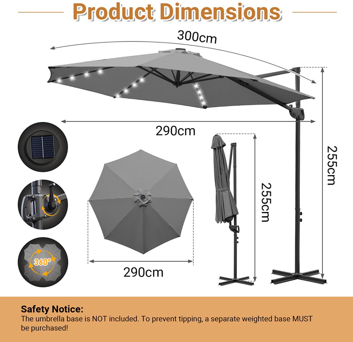 Zweefparasol 300CM Grijs - LED Solar Verlichting - 360° Draai- en Kantelbaar - Waterdicht - Verstelbare Hoogte (9360170875909)