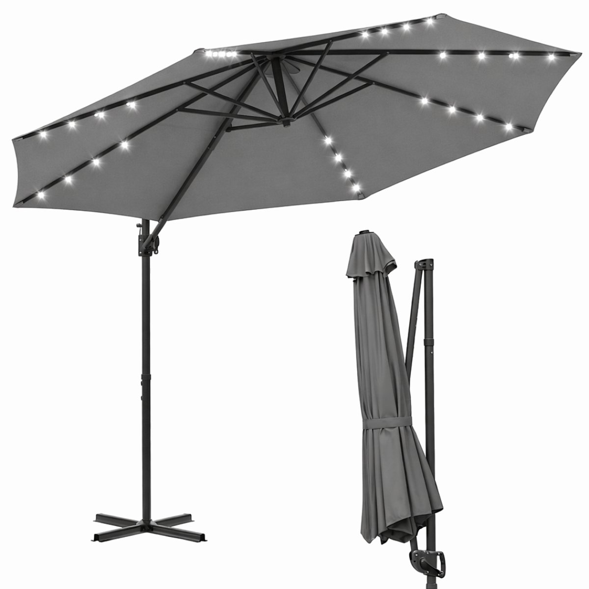 Zweefparasol 300CM Grijs met Solar LED - Verstelbare Hoogte - Waterdicht - 360° Draai- en Kantelbaar - UV 50+ Bescherming (9360170875701)