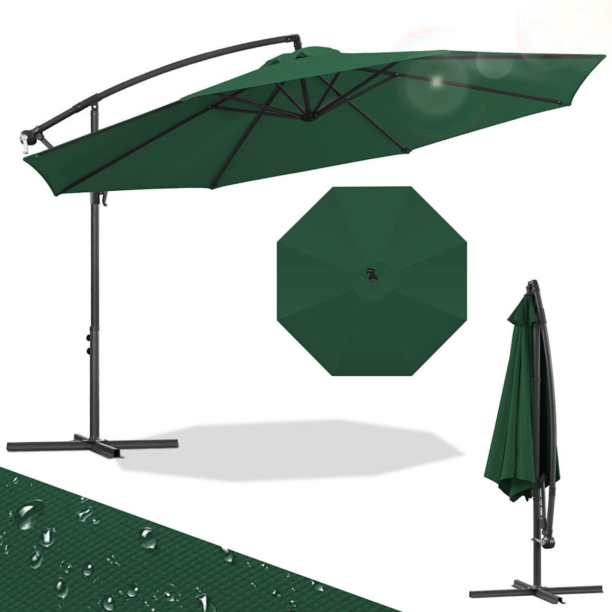 Zweefparasol 350 cm voor Balkon Terras Tuin - UPF 50+ Anti-UV Polyester - Verstelbaar Kantelbaar voor schaduw op elk moment - Sterke Metalen Verbindingen & 8 Ribben - Incl. Kruisvoet - Waterdicht - Snel Inklapbaar & Compact Opbergen Groen (9360170876296)
