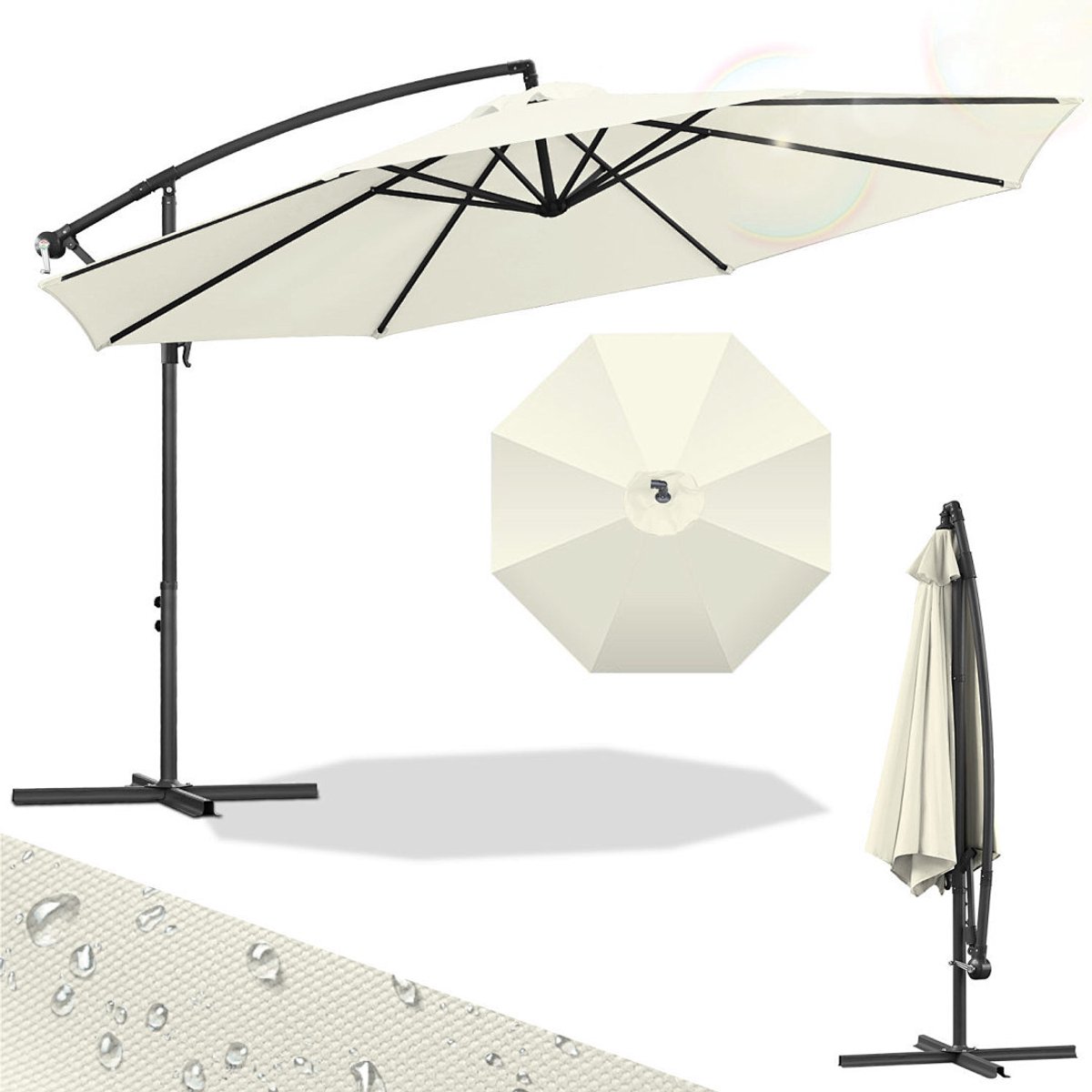 Zweefparasol 350 cm voor Balkon Terras Tuin - UPF 50+ Anti-UV Polyester - Verstelbaar Kantelbaar voor schaduw op elk moment - Sterke Metalen Verbindingen & 8 Ribben - Incl. Kruisvoet - Waterdicht - Snel Inklapbaar & Compact Opbergen Beige (9360170876319)