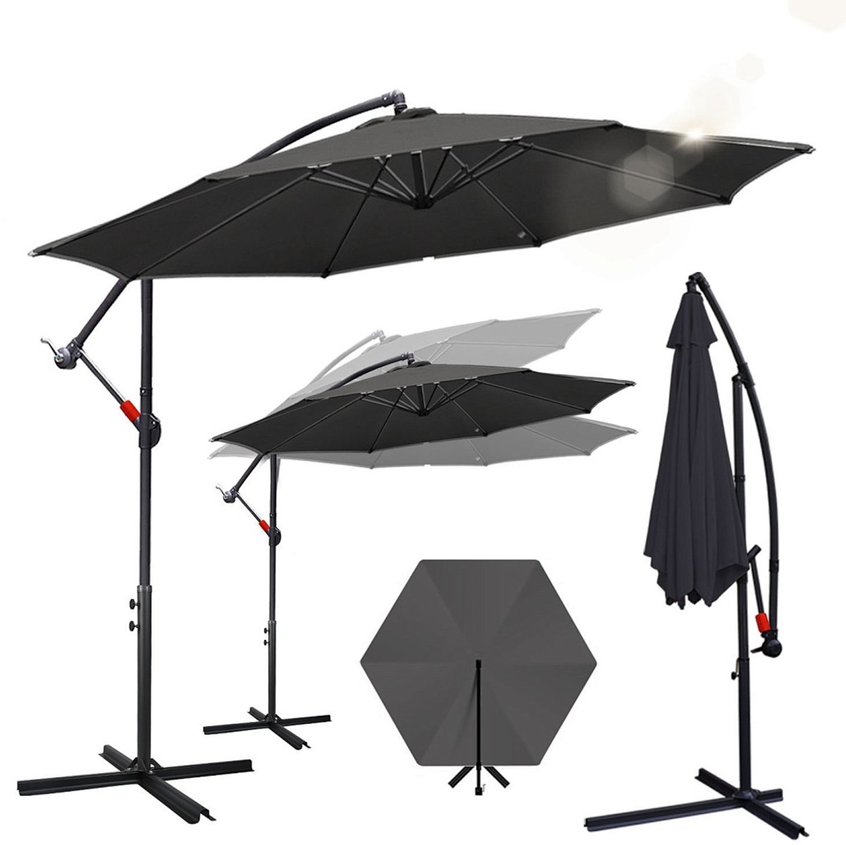 Zweefparasol 3m voor Tuin & Terras - UPF 50+ UV-bescherming - Verstelbaar Kantelbaar voor optimale schaduw - Met Kruisvoet en Windkoord - Waterdicht Polyester - Ventilatiedak tegen wind - Inklapbaar met Handslinger Grijs (9360170876241)