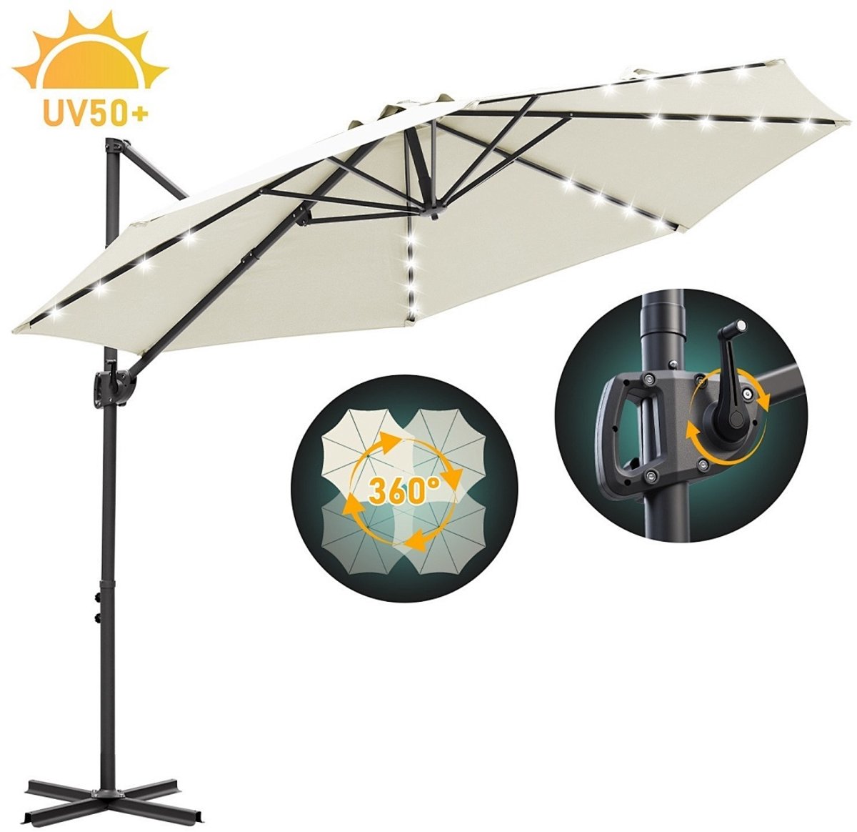 Zweefparasol Beige 300 cm - Solar LED Verlichting - 360° Draai- en Kantelbaar - Verstelbare Hoogte - Waterdicht (9360170875763)