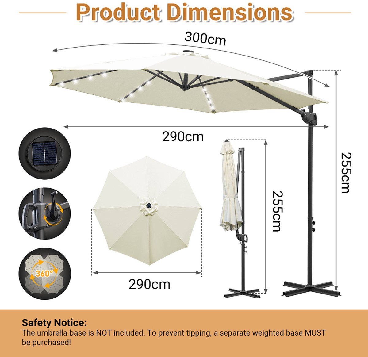 Zweefparasol Beige 300 cm - Verstelbare Hoogte - LED Solar Verlichting - Waterdicht - 360° Draai- en Kantelbaar (9360170875916)
