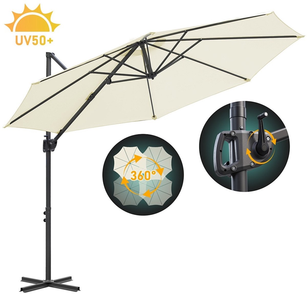 Zweefparasol Beige 300 cm - Waterdicht - Verstelbare Hoogte - Kantelbaar en Draaibaar - UV50+ Bescherming (9360170875787)
