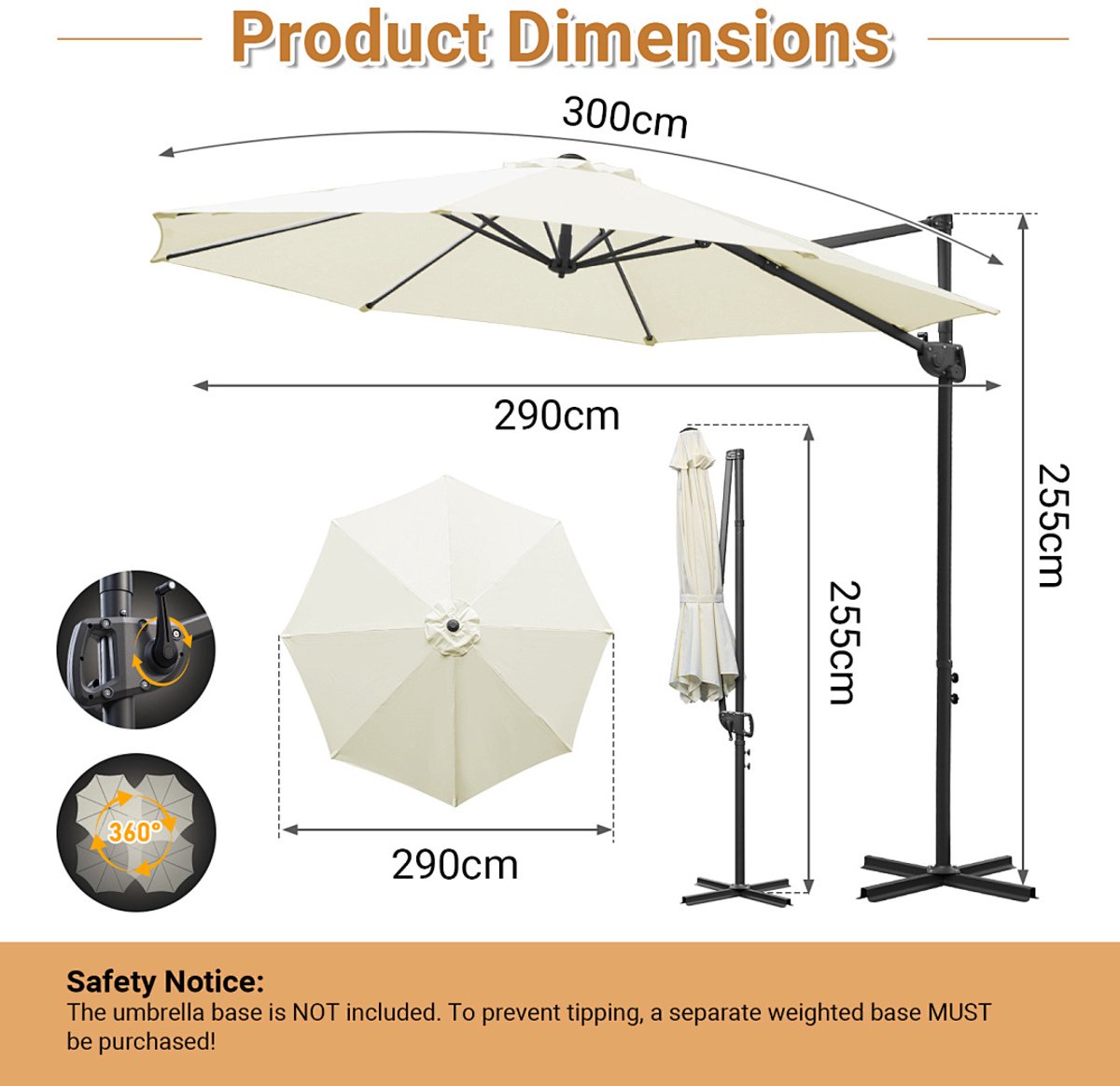 Zweefparasol Beige 300CM - UV 50+ Bescherming - Verstelbare Hoogte - 360° Draai- en Kantelbaar - Waterdicht (9360170875831)