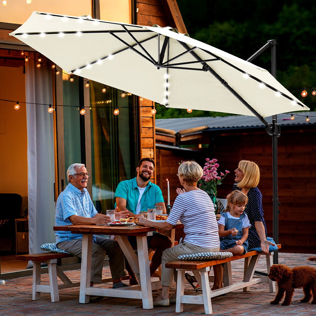 Zweefparasol Beige - Ø 300 cm - Solar LED Verlichting - 360° Draai- en Kantelbaar - Verstelbare Hoogte - Waterdicht (9360170875862)