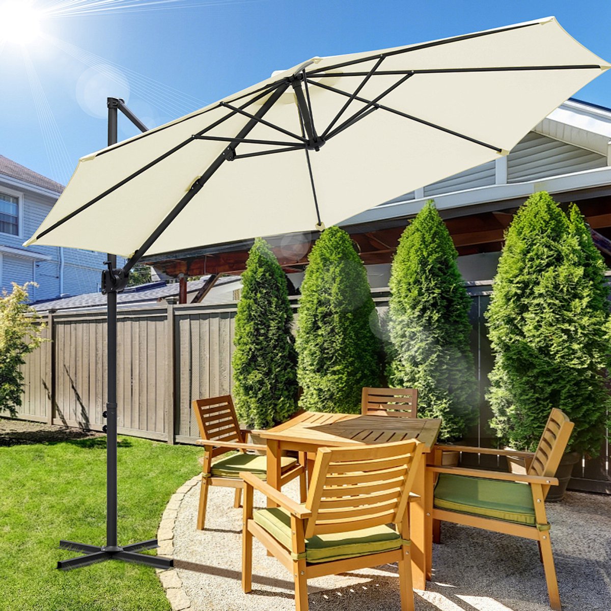 Zweefparasol Beige - Ø 300 cm - Waterdicht - 360° Rotatie - UV50+ - Verstelbare Hoogte - Met Kruisvoet (9360170875886)