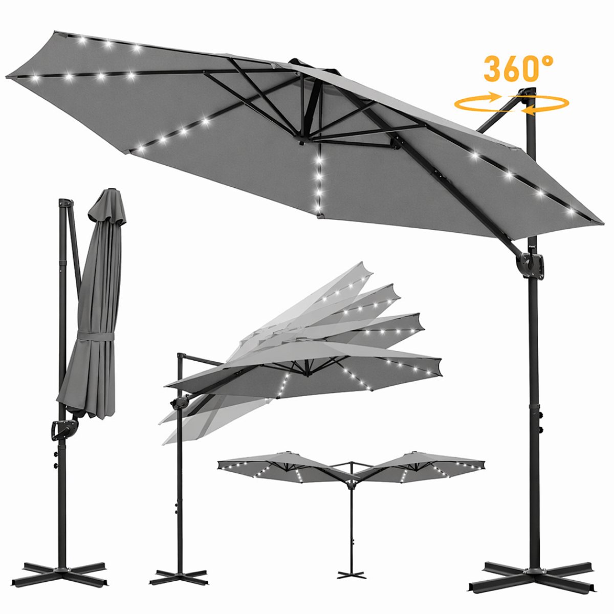 Zweefparasol Grijs 300 cm - Solar LED Verlichting - 360° Rotatie - Verstelbare Hoogte - Waterdicht - UV50+ Bescherming (9360170875756)