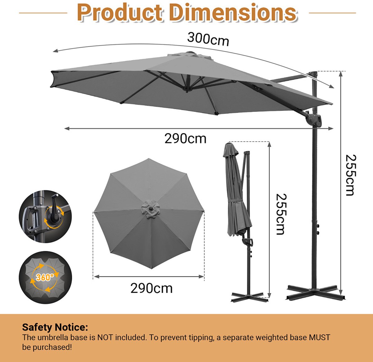 Zweefparasol Grijs 300 cm - Verstelbare Hoogte - UV50+ - Waterdicht - 200g/m² Polyester - Stevige Aluminium Mast (9360170875824)