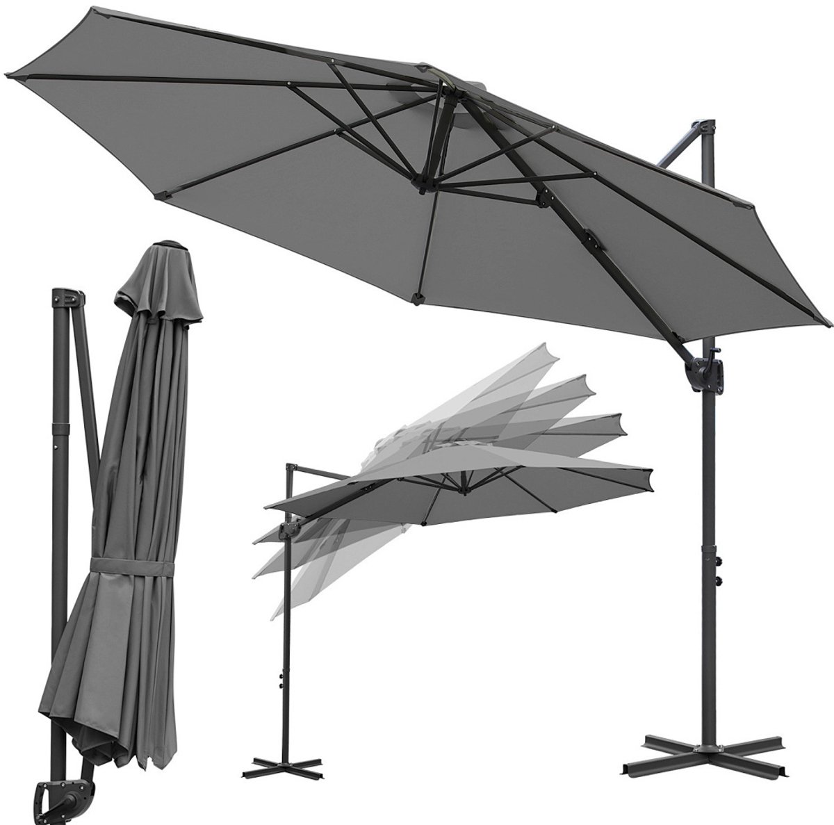 Zweefparasol Grijs - 300CM - 360° Draai- en Kantelbaar - Waterdicht - 8 Stevige Stokken en Kruisvoet (9360170875770)