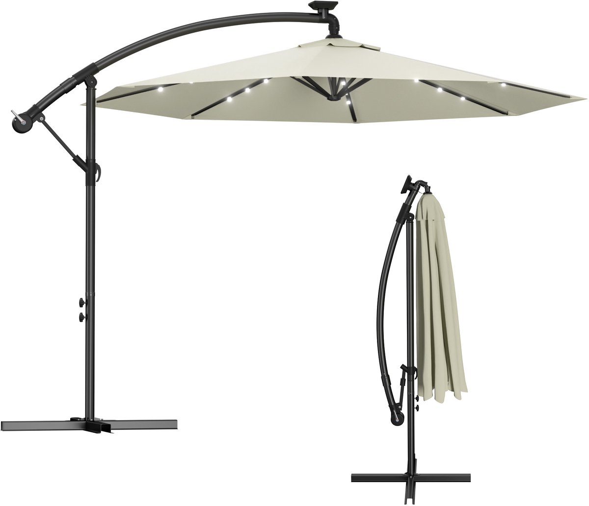 Zweefparasol / Hangparasol 300 cm - Aluminium Mast - Kantelbaar - Parasol met Handkurbel - Optioneel met LED Solar Verlichting - UV-bestendig - Beige (0758548725458)