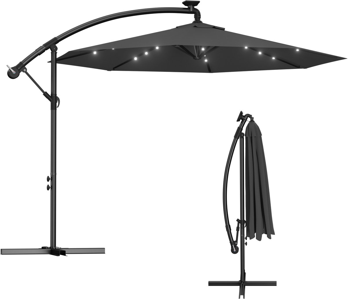 Zweefparasol / Hangparasol 300 cm - Aluminium Mast - Kantelbaar - Parasol met Handkurbel - Optioneel met LED Solar Verlichting - UV-bestendig - Donkergrijs (0758548725441)