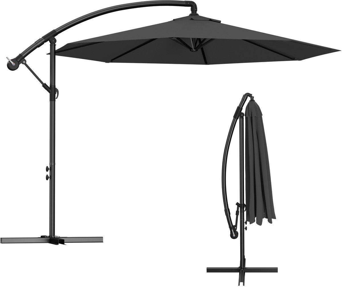 Zweefparasol / Hangparasol 300 cm - Aluminium Mast - Kantelbaar - Parasol met Handkurbel - UV-bestendig - Donkergrijs (0758548725403)
