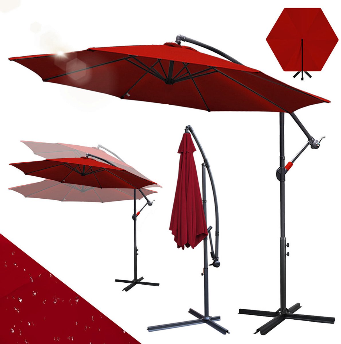 Zweefparasol Ø300 cm - Incl. Kruisvoet & Windtouw - UV50+ (UPF 50+) Polyester Doek - Multi-angle Kantelbaar & Draaibaar - Waterdicht - Ventilatiedak - Tuin Balkon Terras Rood (9360170875947)