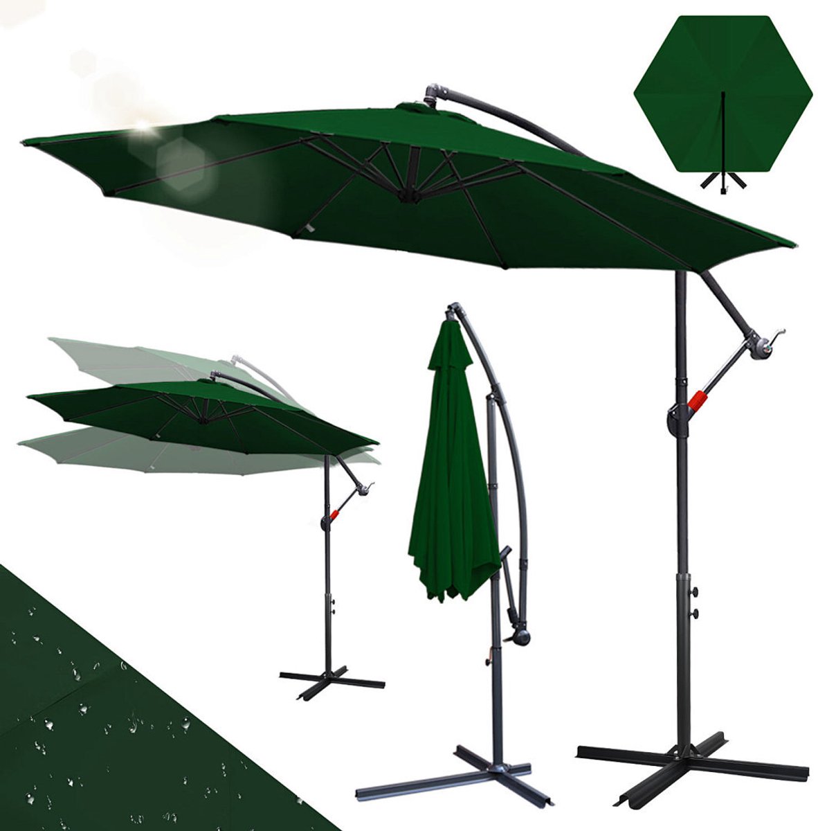Zweefparasol Ø300 cm - Incl. Kruisvoet & Windtouw - UV50+ (UPF 50+) Polyester Doek - Multi-angle Kantelbaar & Draaibaar - Waterdicht - Ventilatiedak - Tuin Balkon Terras Groen (9360170875930)