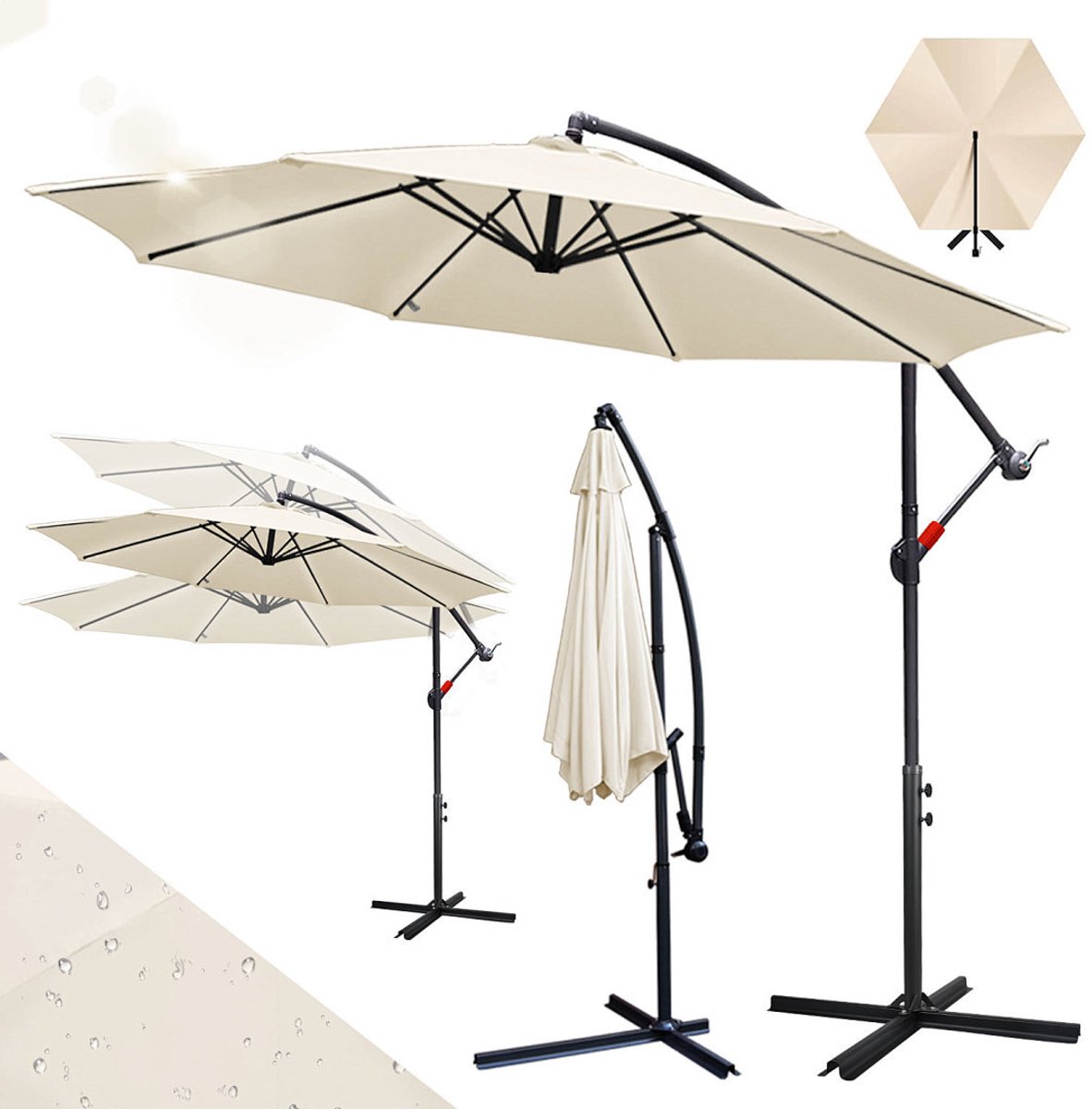 Zweefparasol Ø300 cm - Incl. Kruisvoet & Windtouw - UV50+ (UPF 50+) Polyester Doek - Multi-angle Kantelbaar & Draaibaar - Waterdicht - Ventilatiedak - Tuin Balkon Terras Beige (9360170875954)